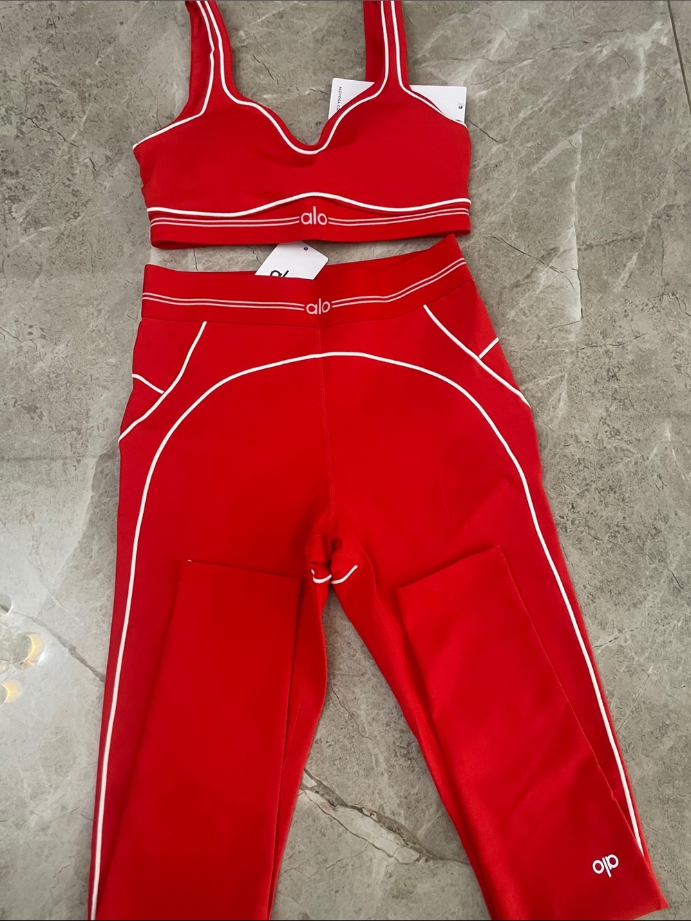 ALO Yoga Red Leggings with White Piping